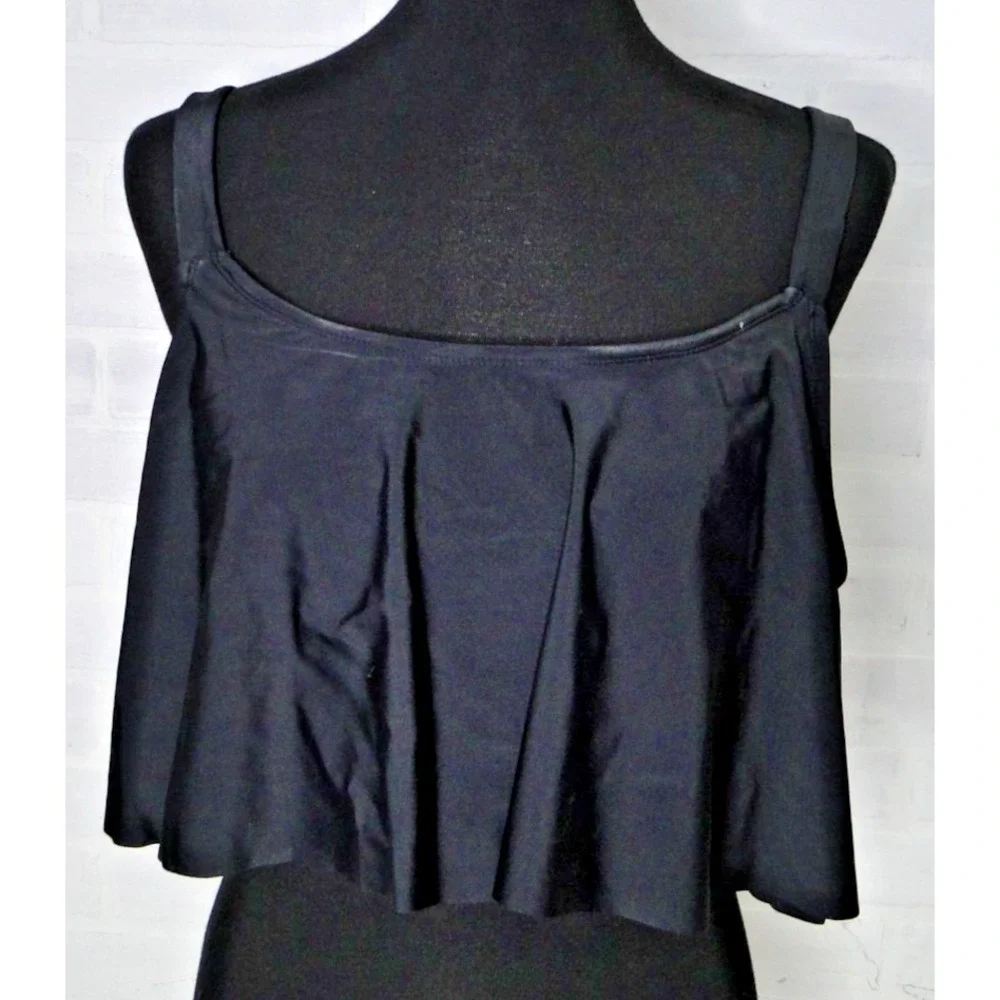Shapermint‎ Essentials Swim Ruffled Bikini Top 2XL Dark Black Retro Flirty Fun